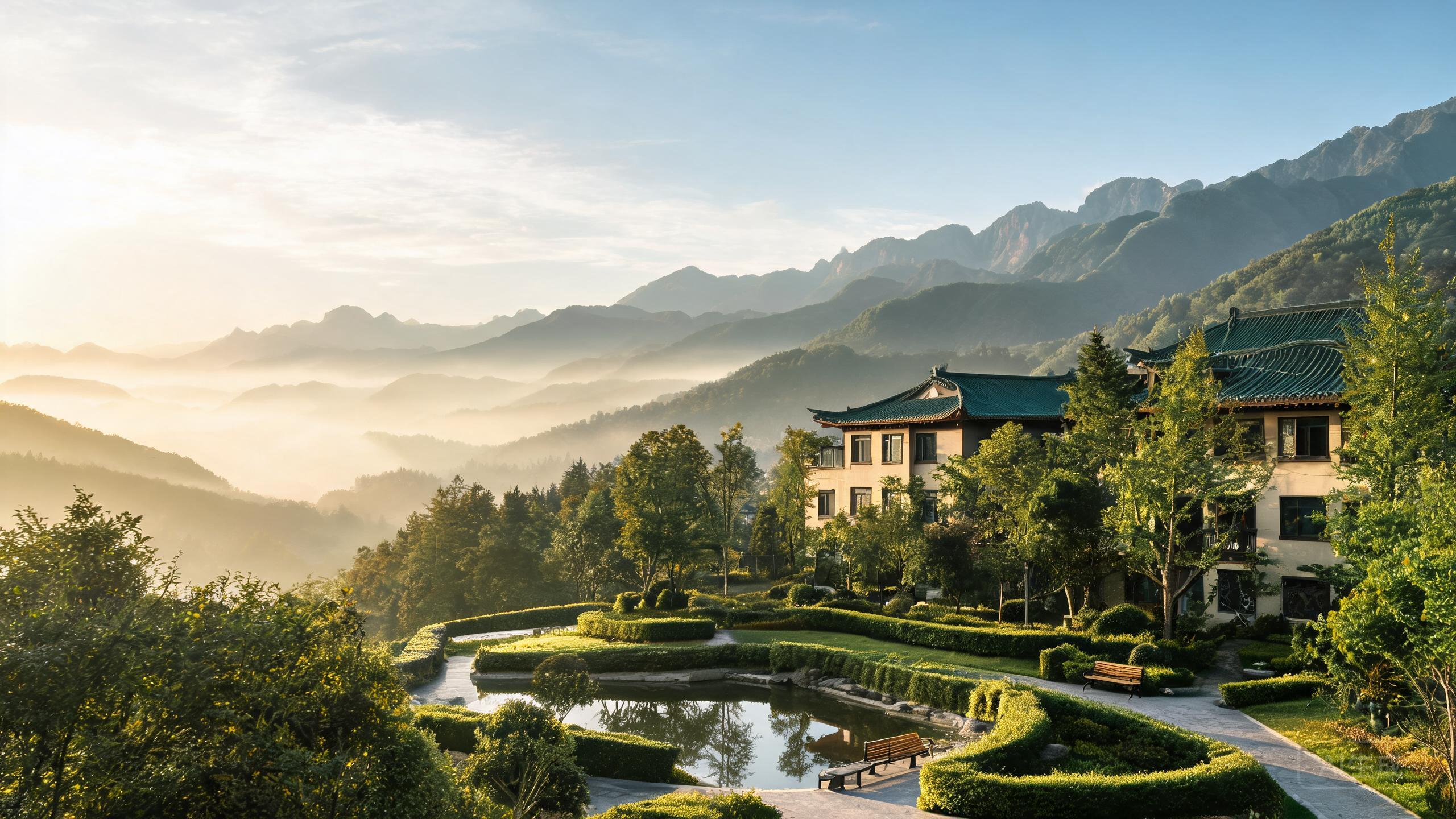 秦岭北麓沣峪口畔的养老公寓庭院与山景